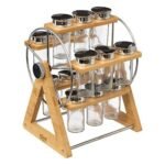 Bambou wheel rack with 5 glass spice jars and stand