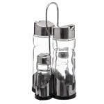 Set of glass oil and vinegar bottles 0.17 l and salt and pepper pots with stand