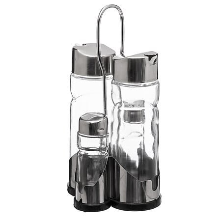 Set of glass oil and vinegar bottles 0.17 l and salt and pepper pots with stand