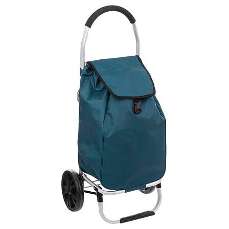Folding petrol blue aluminium 2-wheel shopping trolley