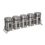 Rack of 5 glass spice jars with stainless steel stand