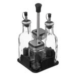 Set of glass oil and vinegar bottles and salt and pepper pots with PS stand