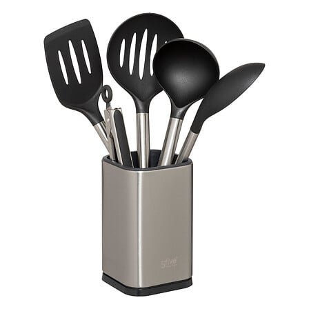 Set of 5 stainless steel utensils with stainless steel holder