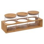Set van 3 glazen potjes van 40 ml met deksels en bamboehouder